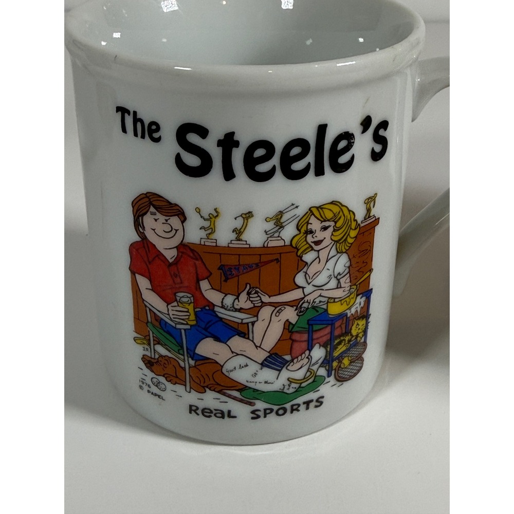 Vintage The Steeles Real Sports 1976 CartoonPapel Coffee Mug 3.75in White Retro